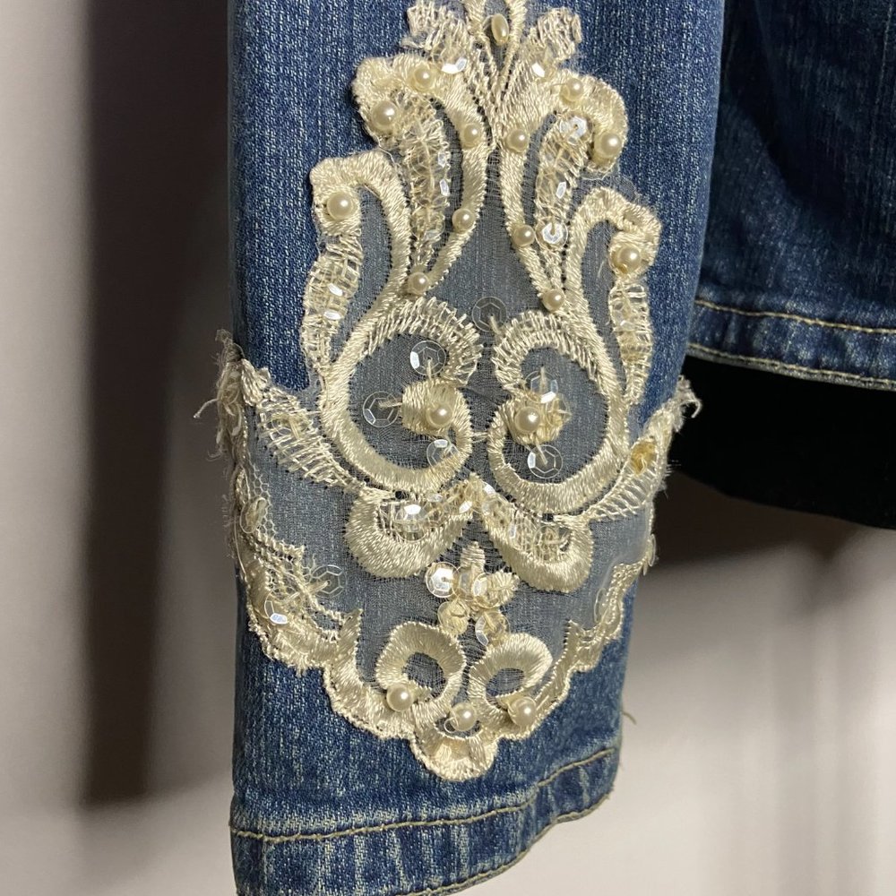 Upcycled Embellished Handstitched Bridal Vintage Lace Demin Jacket/Blazer S/M - Picture 5 of 14